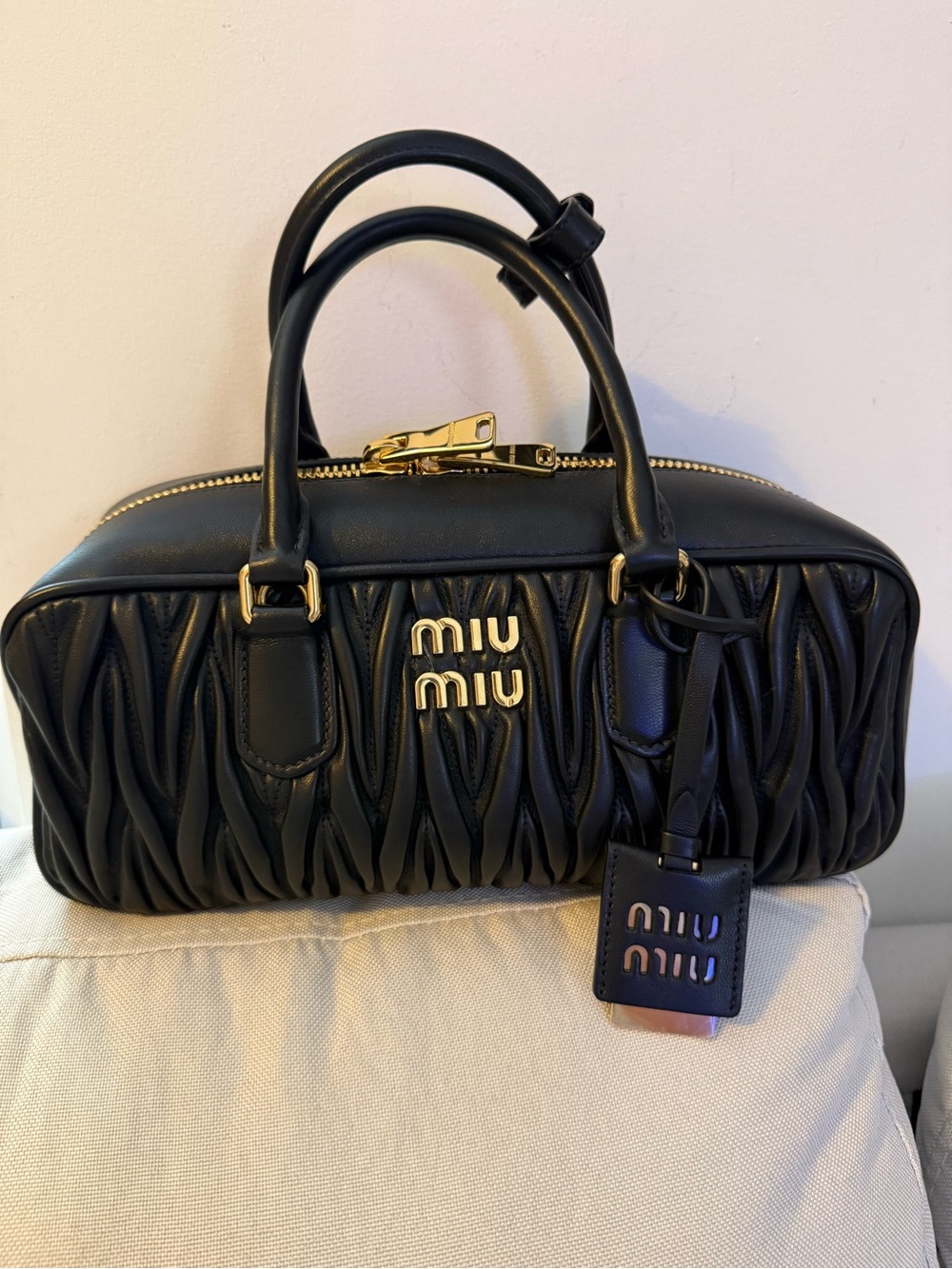 Miu Miu Black Matelassé Leather Satchel with Gold Hardware